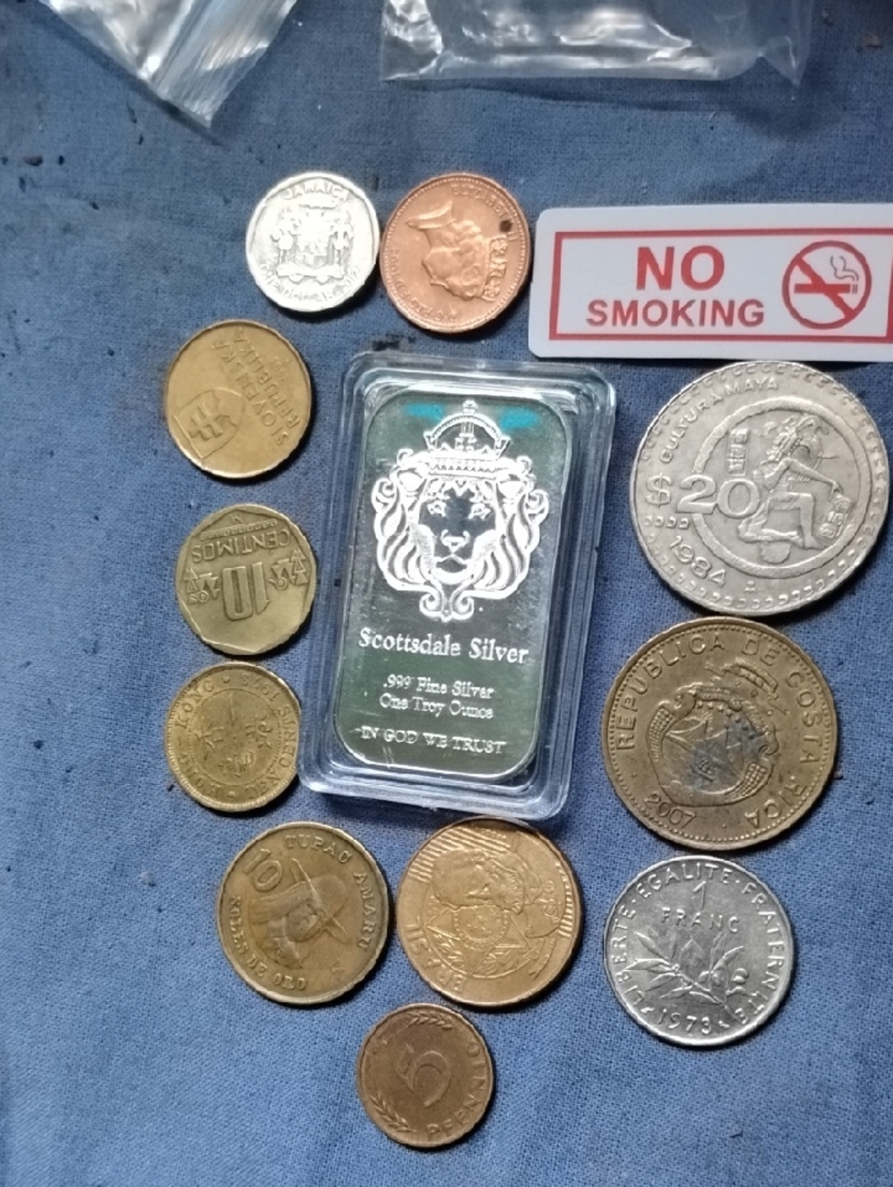 Scottsdale Silver 1 oz .999 FineBillon Bar - Silver/Teal with World Coinage